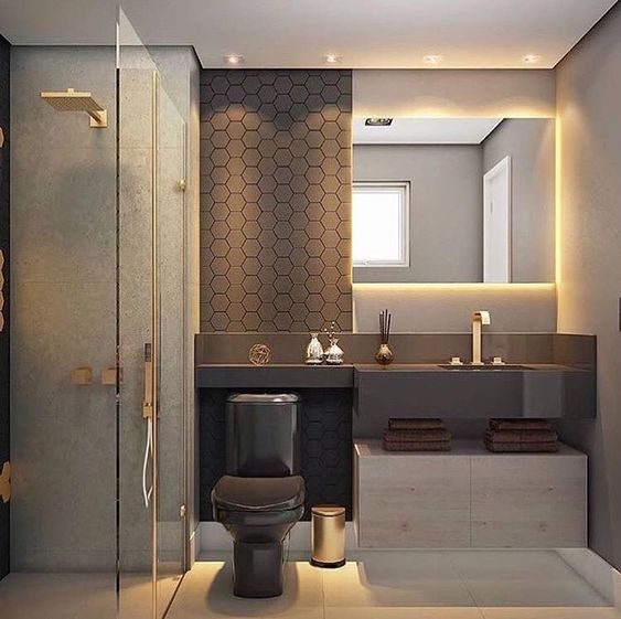 Banheiro com Pastilha hexagonal grafite, com bancada e vaso preto